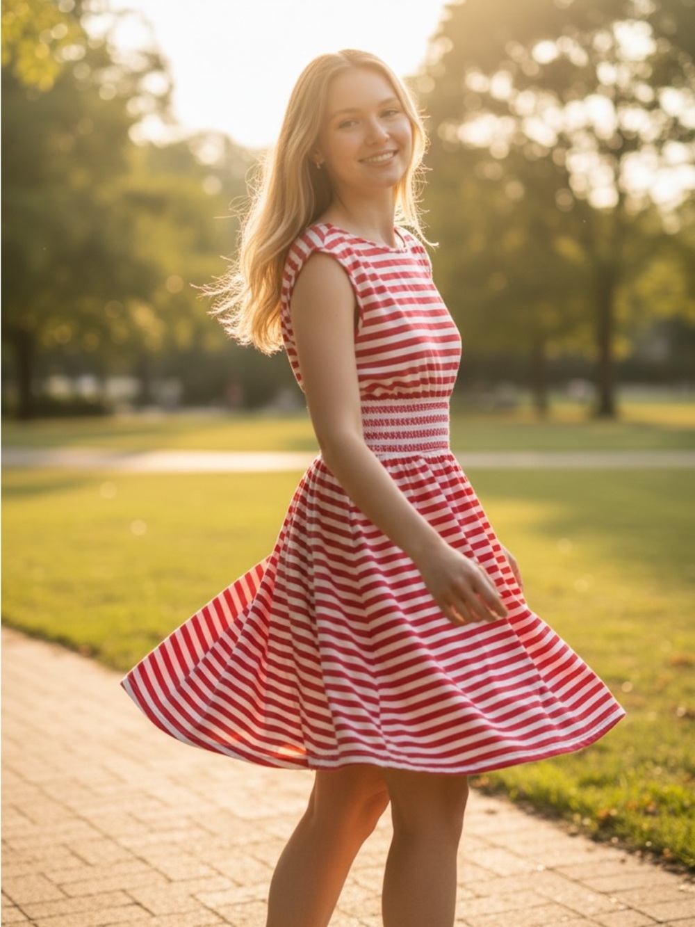 Kate Spade New York Leora Striped Smocked Fit & Flare Dress Red White Small